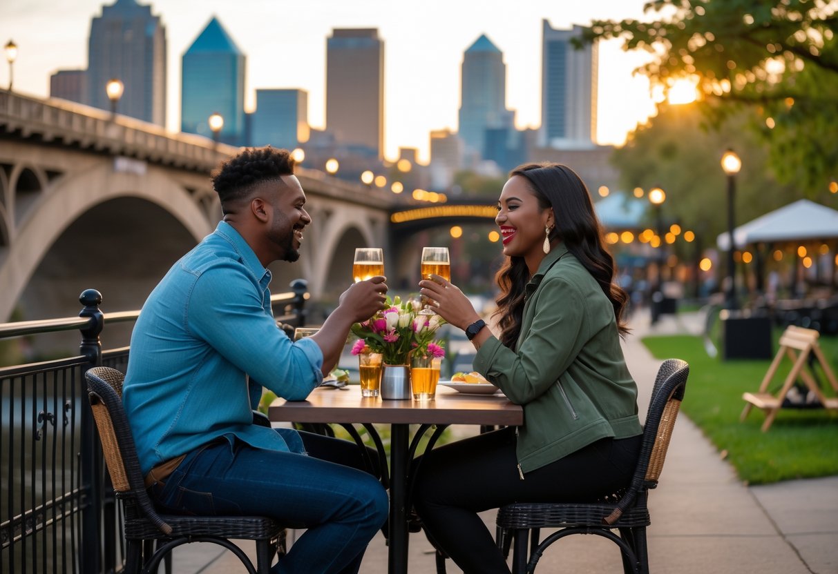 A couple enjoying a romantic outdoor date in Minneapolis with a city skyline and bridge in the background, sitting at a cafe table surrounded by flowers and candles.