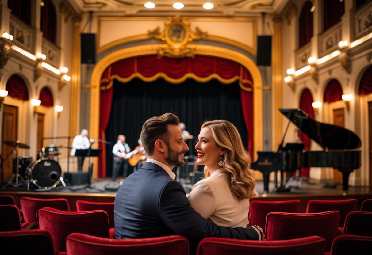 A couple enjoying live music together inside an elegant historic theater with warm lighting and a small band performing on stage.