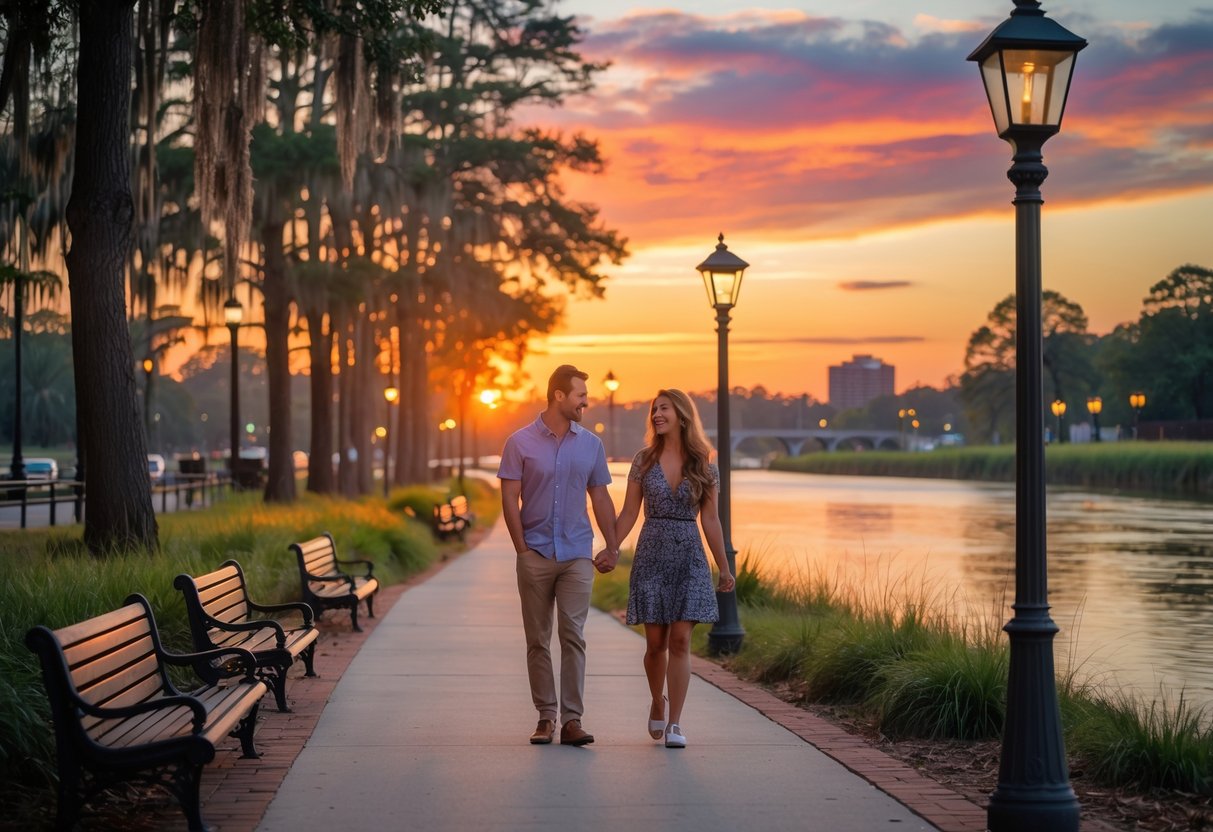 A couple walking hand-in-hand along a riverwalk at sunset with trees and a calm river in the background.