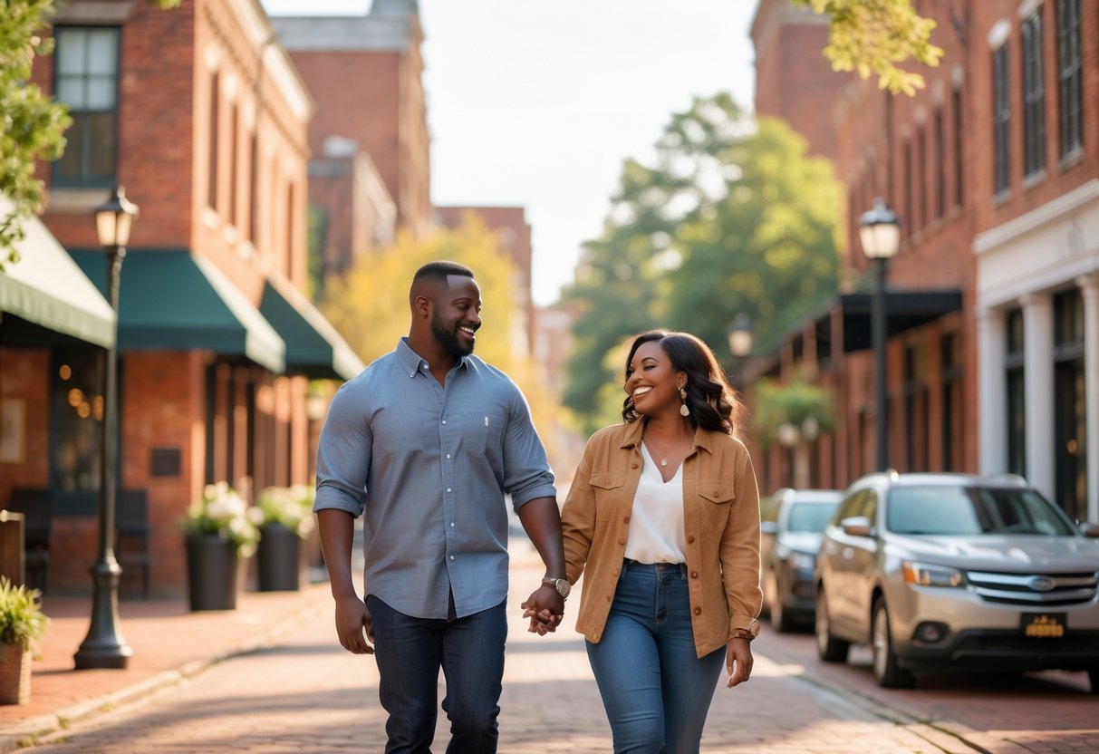 A couple walking hand in hand on a street in Downtown Macon with historic buildings in the background.
