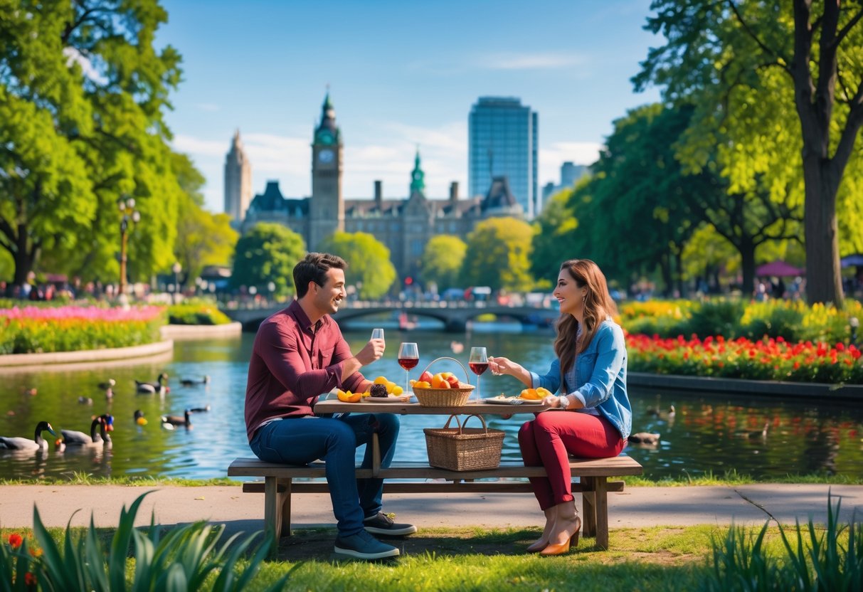 A young couple sitting on a bench in a green park near a pond with ducks, enjoying a picnic on a sunny day with city buildings in the background.