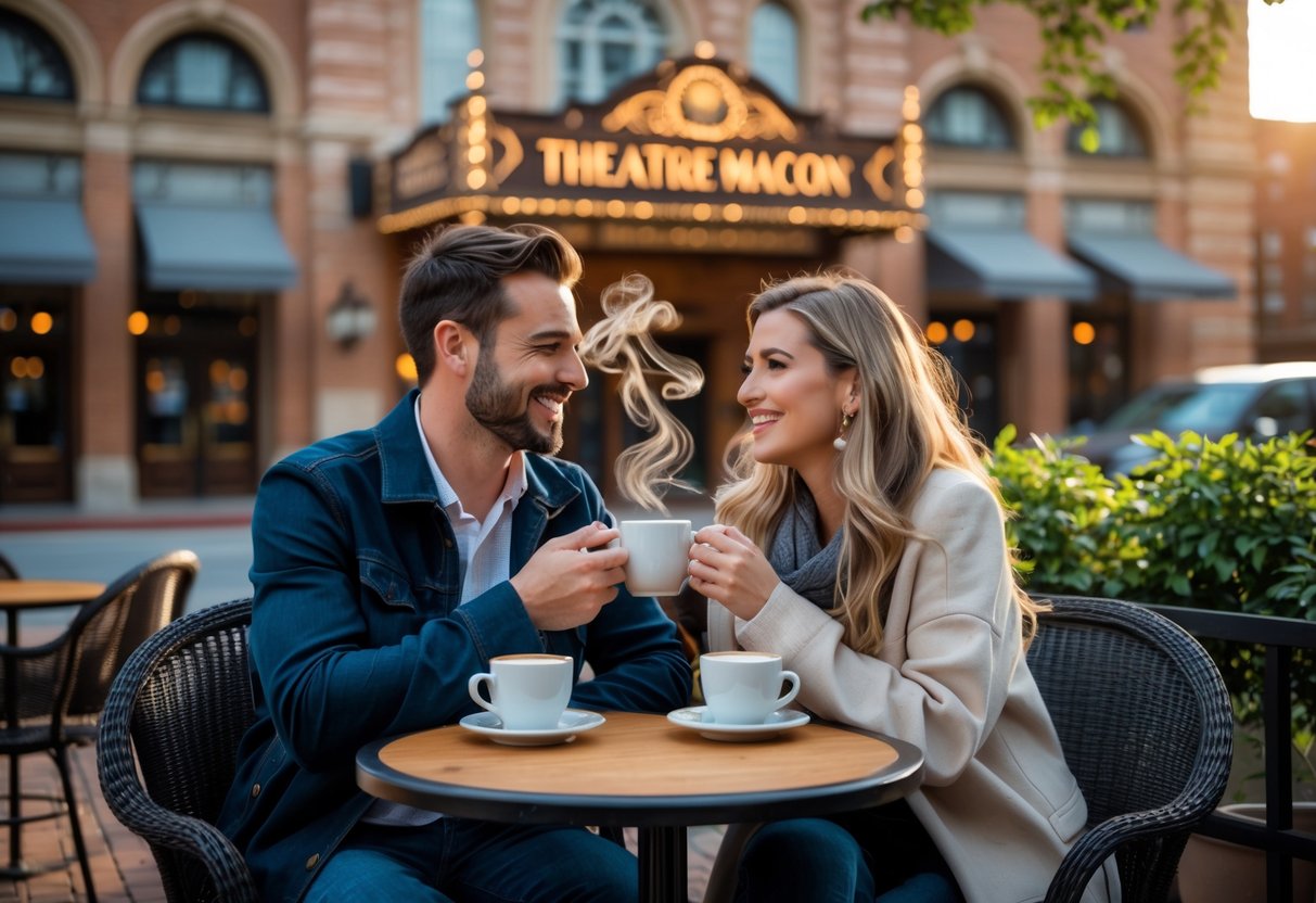 A couple enjoying coffee together at an outdoor table near a historic theatre building in Macon, Georgia.