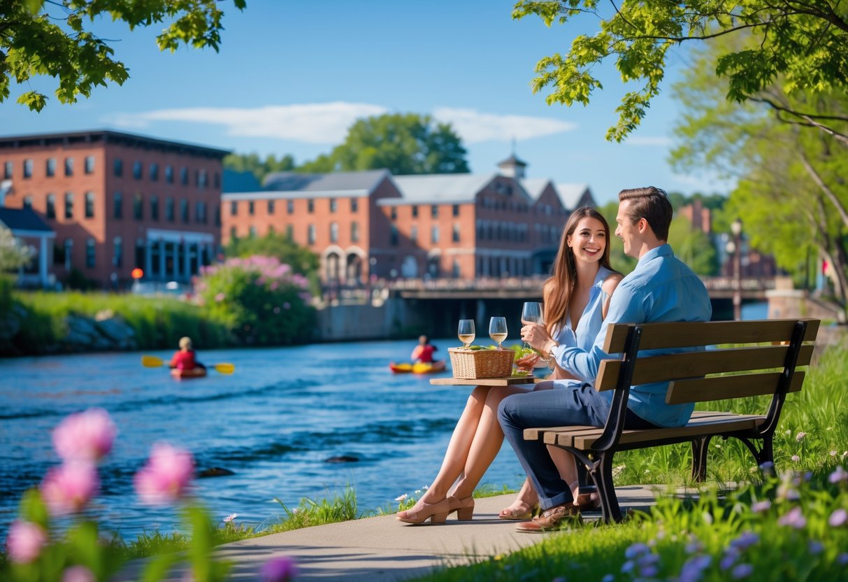 A young couple enjoying a picnic together on a bench by a river with historic buildings and trees in the background.