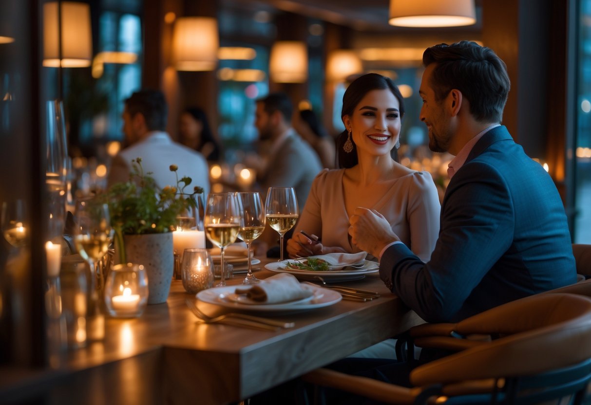 A couple enjoying a romantic dinner at a cozy restaurant table with candles and wine glasses.