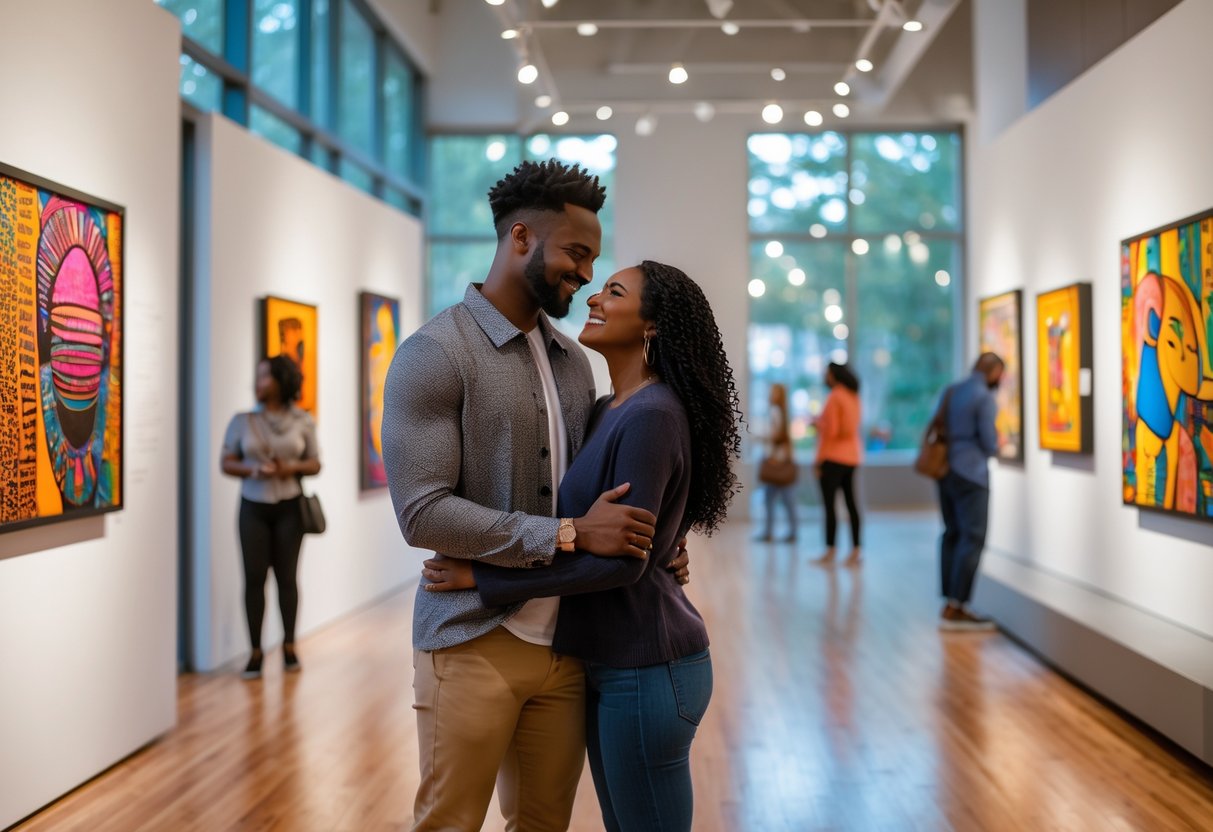 A couple admiring colorful artwork inside The Tubman Museum gallery in Macon, Georgia.