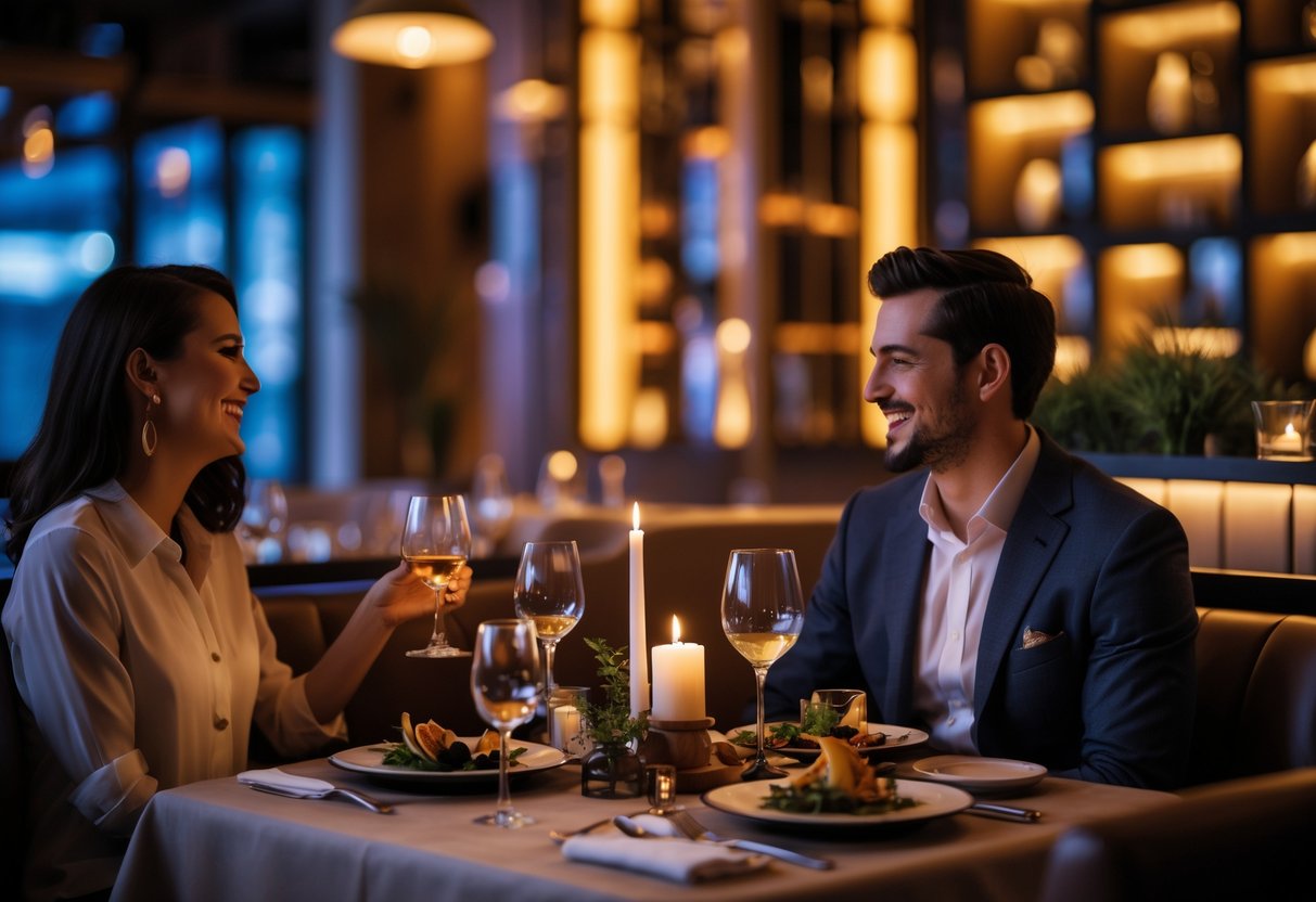 A couple enjoying an intimate dinner at a stylish restaurant table with warm lighting and elegant decor.