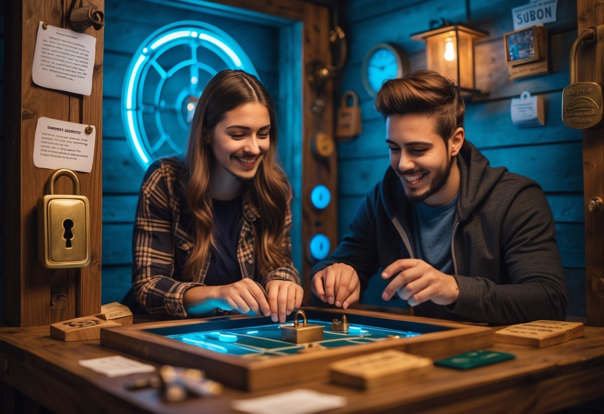A young couple working together to solve puzzles inside an escape room.