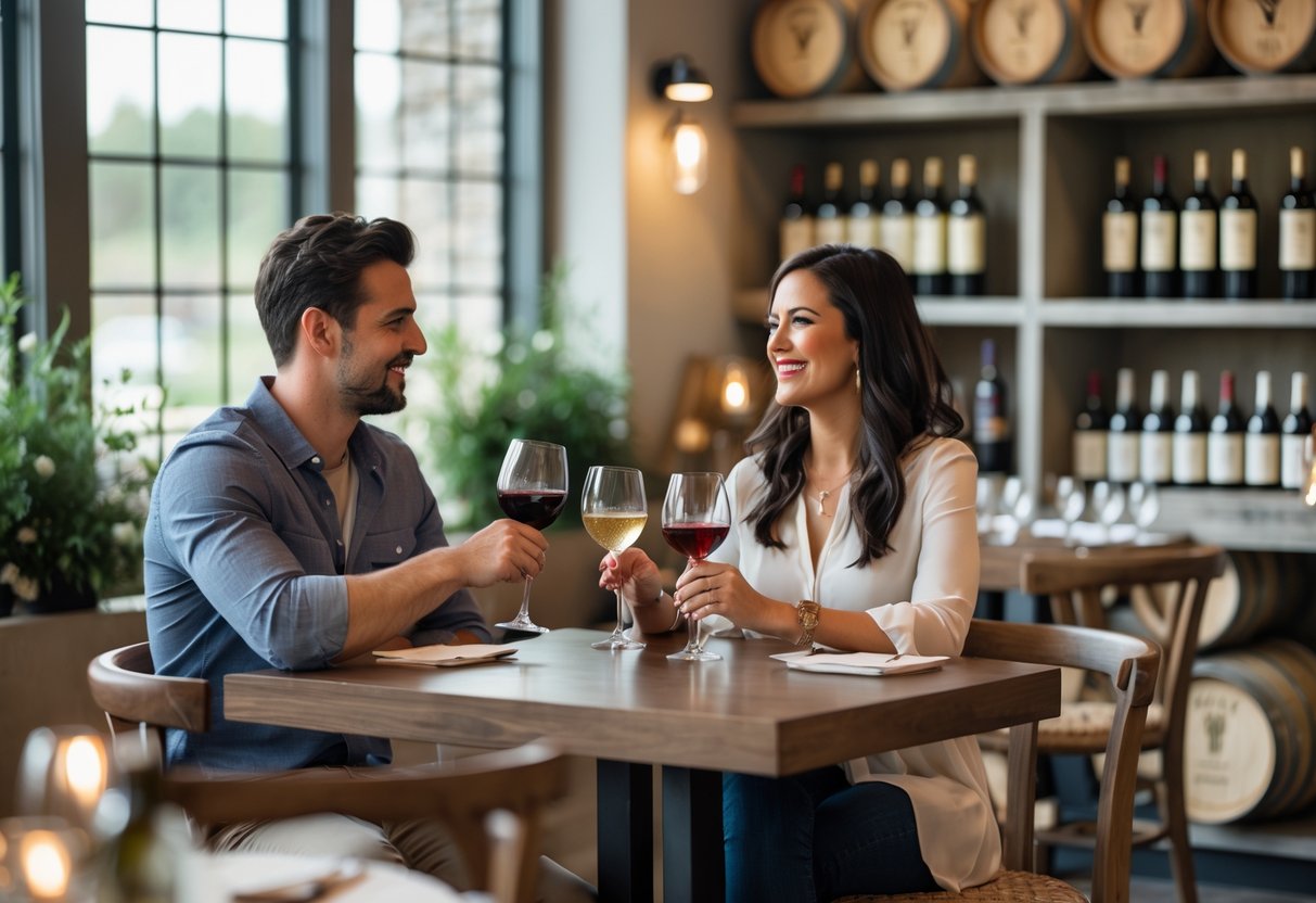 A couple enjoying wine tasting together at a modern wine company tasting room with bottles and barrels in the background.