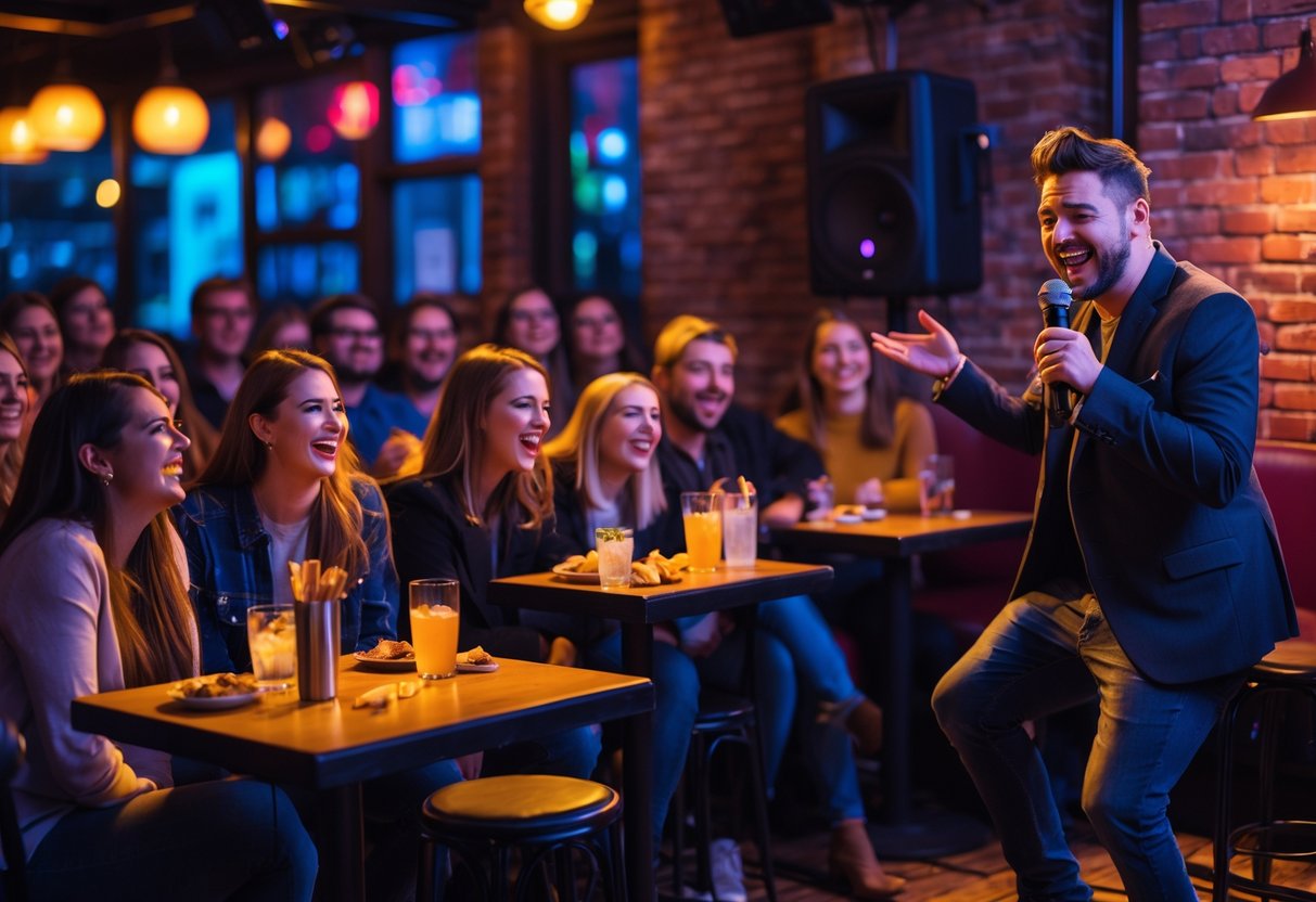 Couples and friends enjoying a lively comedy show at a cozy club with a stand-up comedian performing on stage.