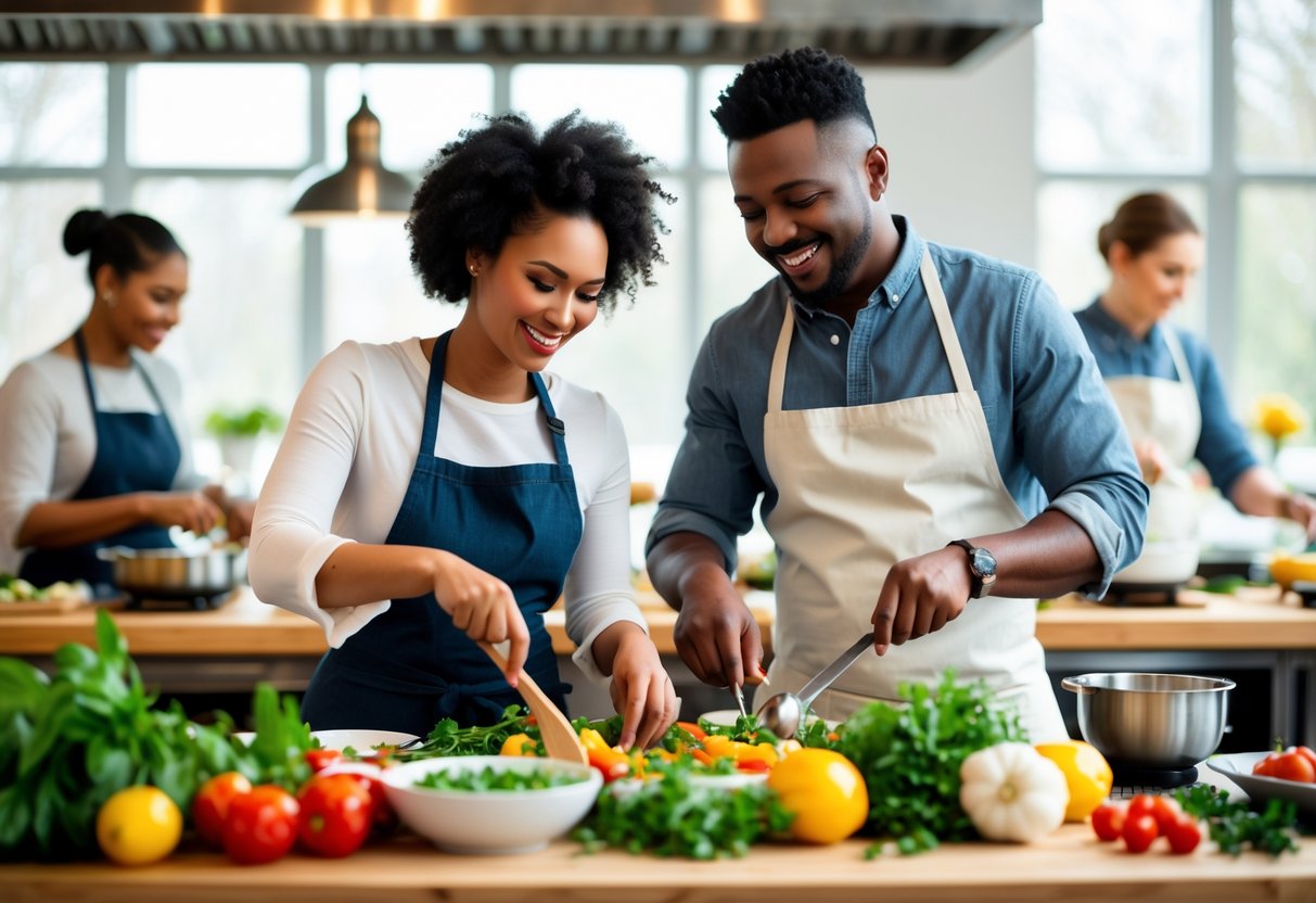 A couple cooking together in a bright kitchen during a cooking class.