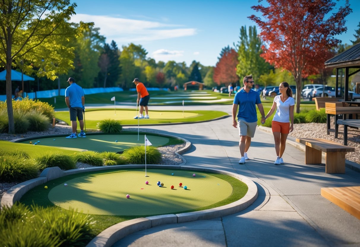 A young couple playing mini golf at an outdoor course with a driving range in the background surrounded by greenery on a sunny day.