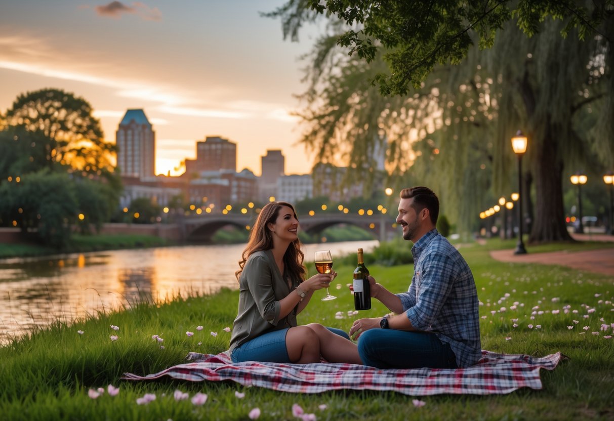 A couple having a picnic at sunset in a park near downtown Macon, Georgia, with trees, flowers, and city buildings in the background.
