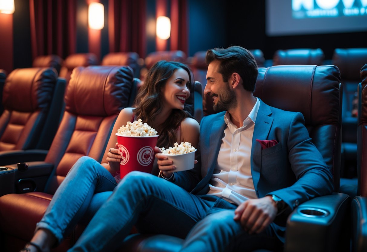A couple sitting in luxurious recliner seats in a dimly lit movie theater, sharing popcorn and smiling at each other.