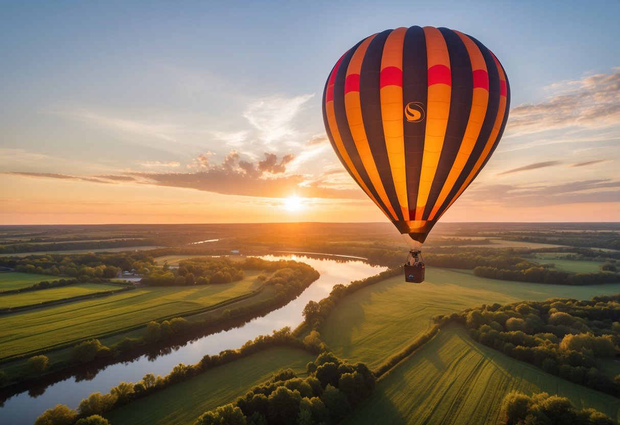 A hot air balloon floating over green fields and a river at sunset with a couple in the basket.
