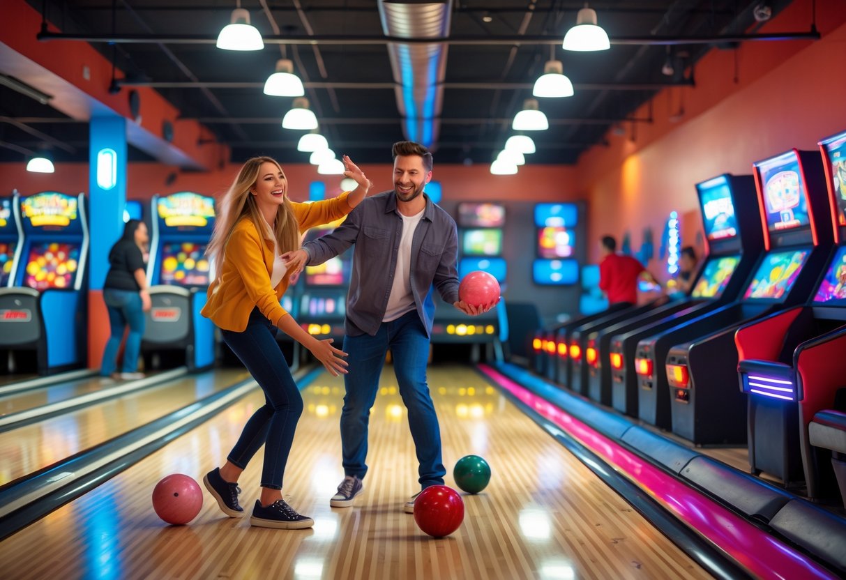 A young couple enjoying bowling and arcade games together inside a busy entertainment center.