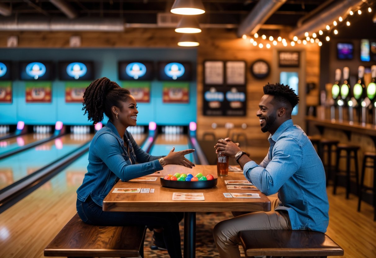 A couple enjoying a game of bowling and board games together at a lively indoor venue.