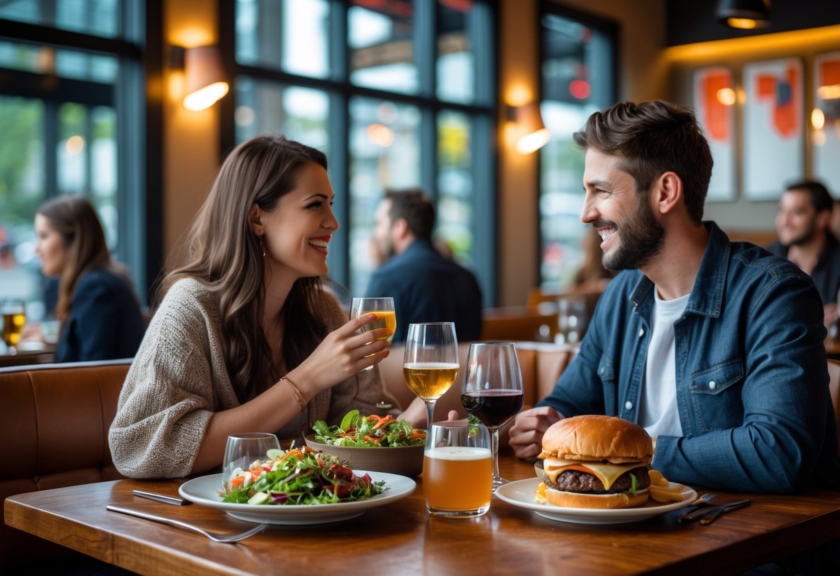 A young couple enjoying a meal together at a casual restaurant table with food and drinks.