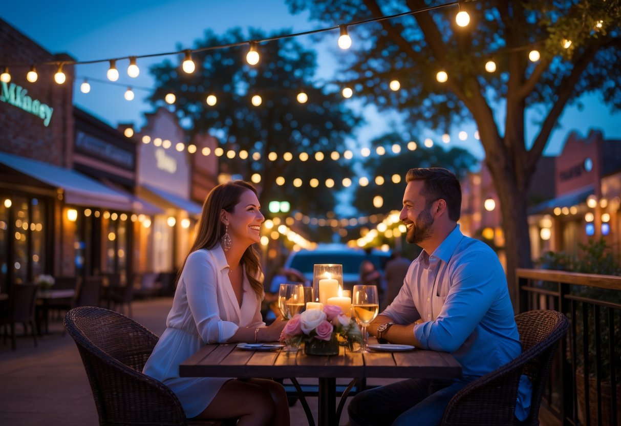 A couple enjoying a romantic dinner at an outdoor restaurant in a charming downtown area with warm lights in the evening.