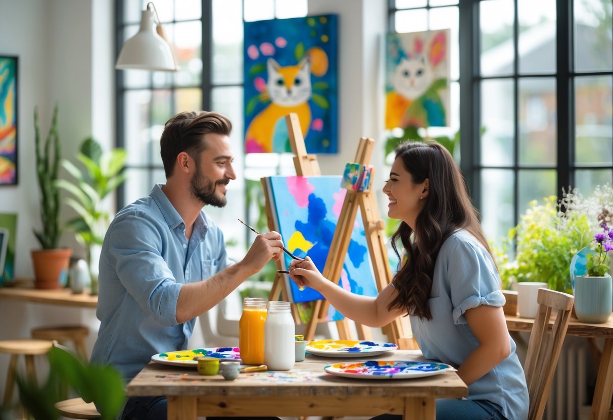 A couple painting together at a wooden table in a bright art studio filled with colorful artwork and art supplies.