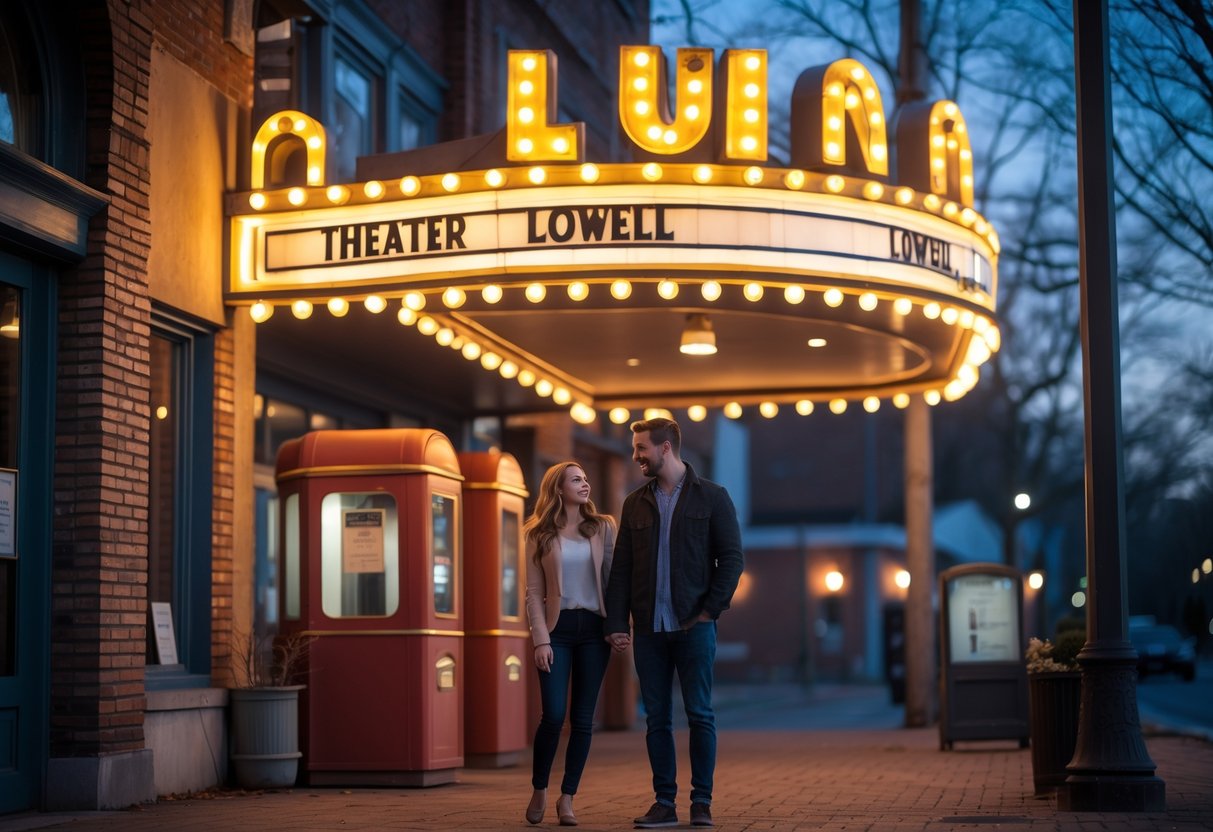A young couple holding hands outside a warmly lit vintage movie theater at dusk.