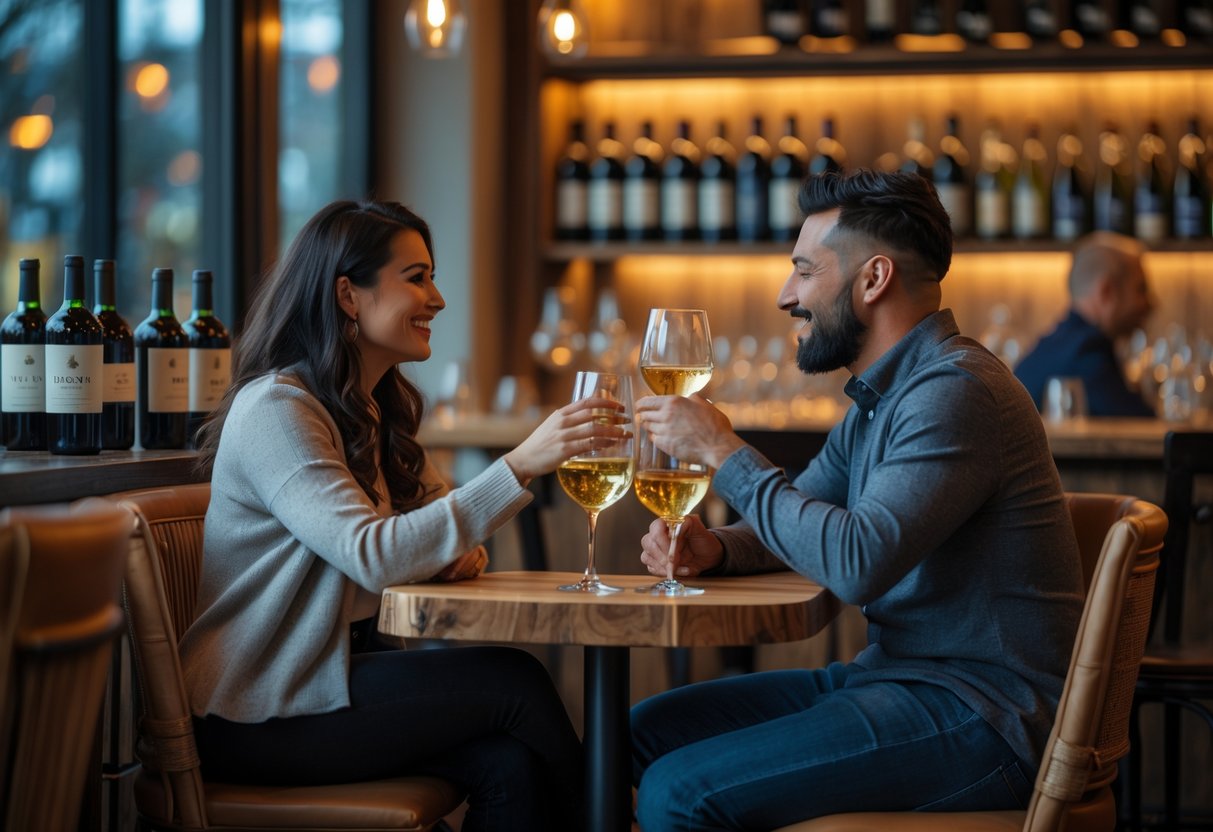 A couple enjoying drinks together at a cozy wine bar with warm lighting and wooden decor.