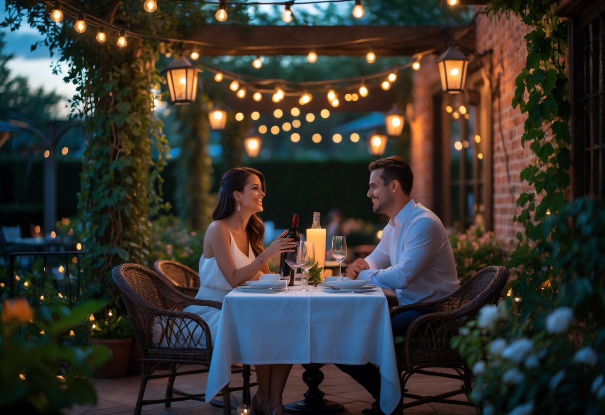 A couple enjoying a romantic dinner at an outdoor Italian garden restaurant with greenery and soft lighting.