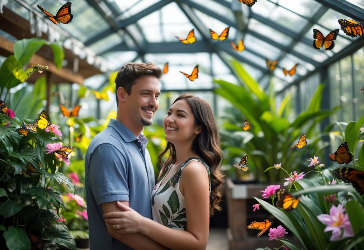 A young couple admiring colorful butterflies inside a bright butterfly conservatory surrounded by tropical plants.