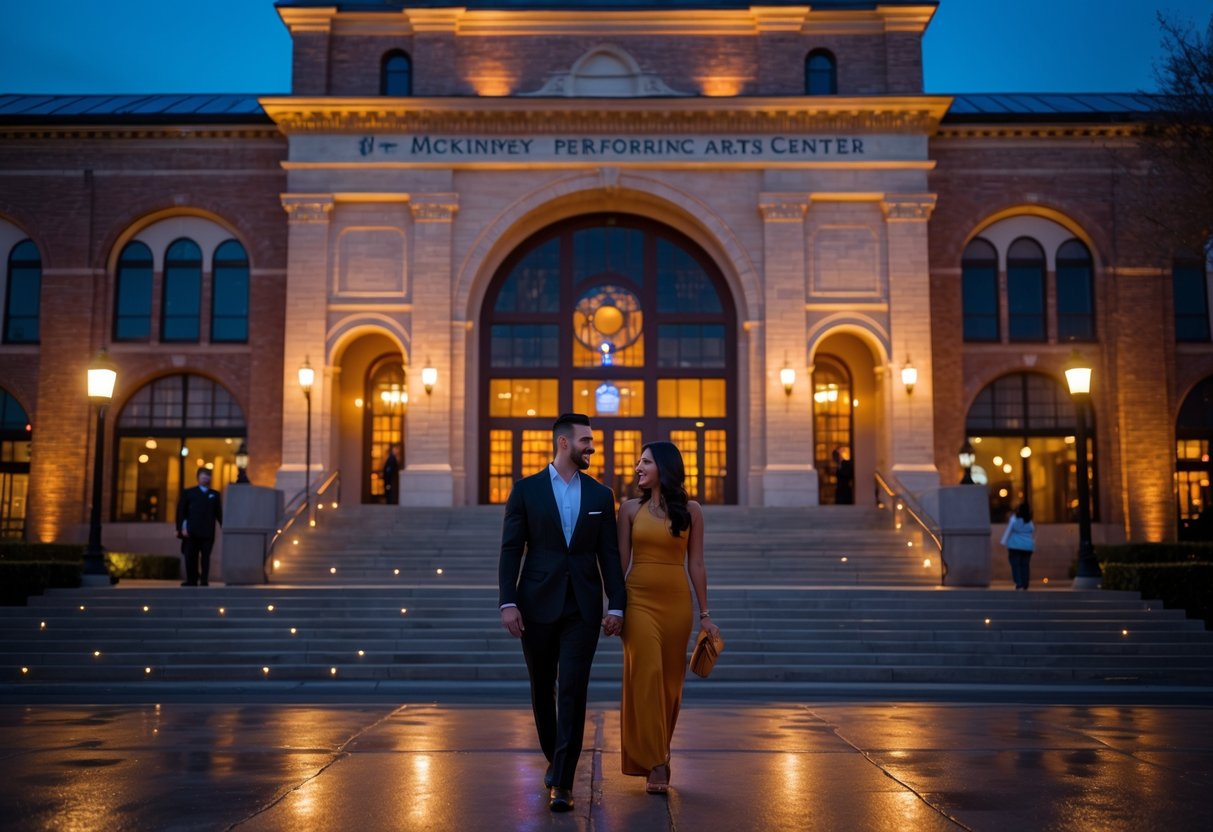A couple walking hand-in-hand toward the entrance of a historic performing arts center at night.