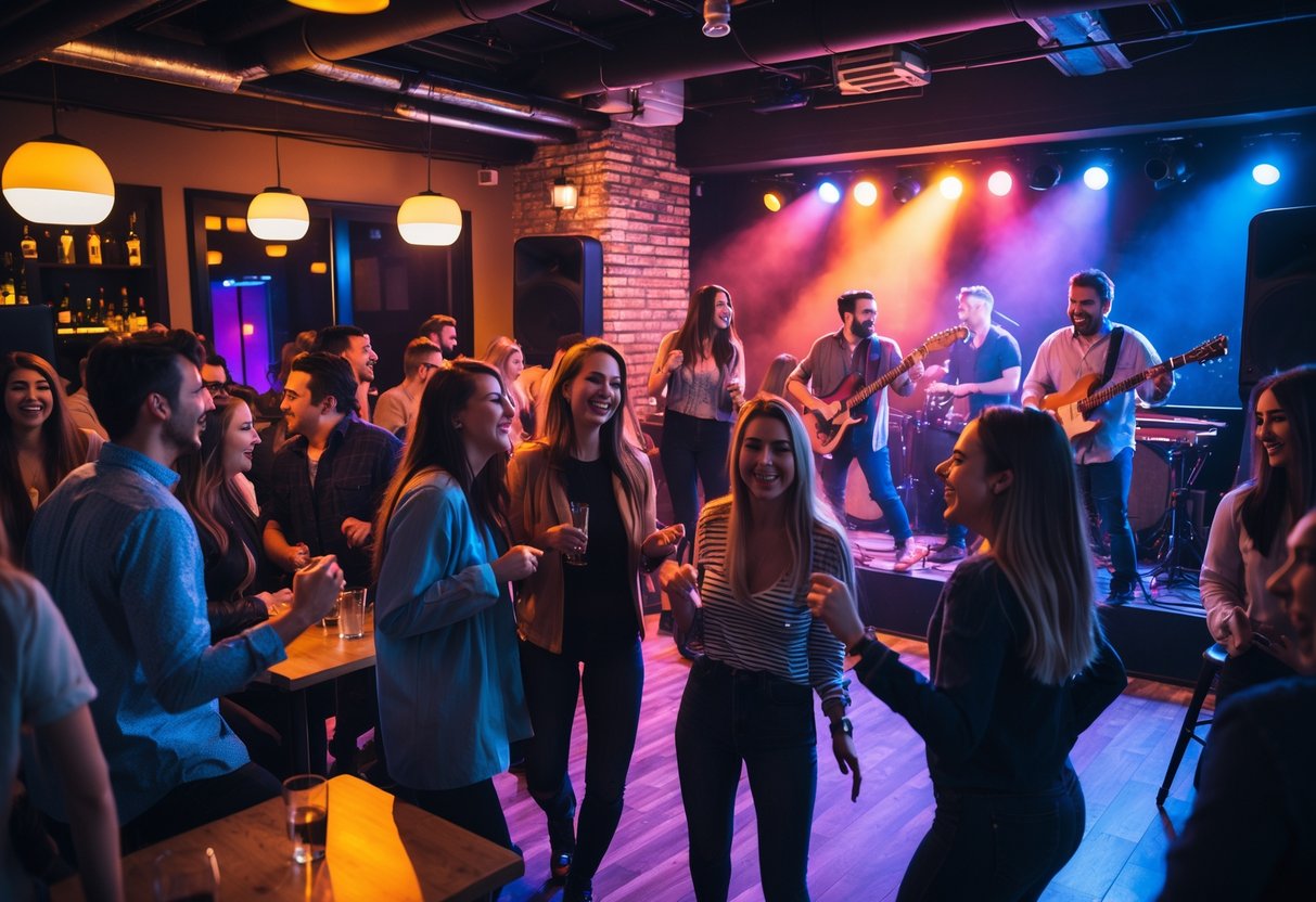 People enjoying live music at a modern music club with a band performing on stage and an engaged audience.