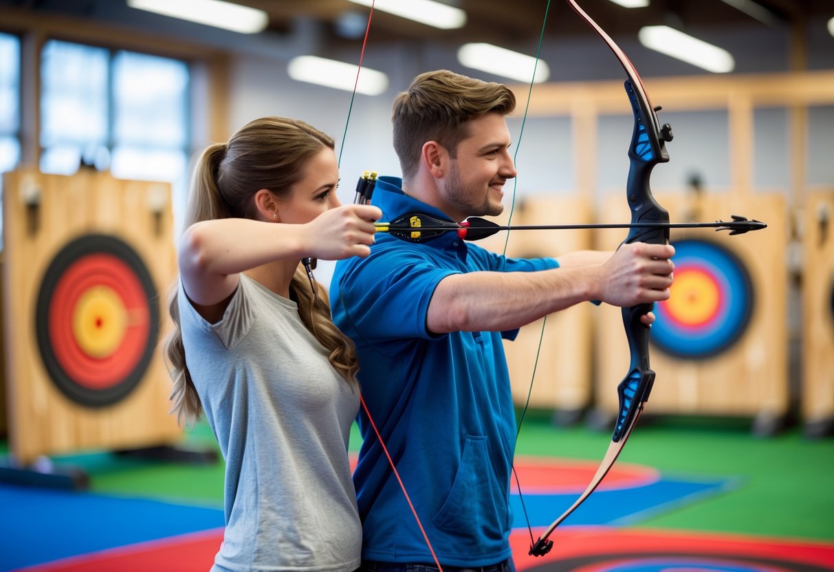 A young couple aiming bows at targets inside an indoor archery range.