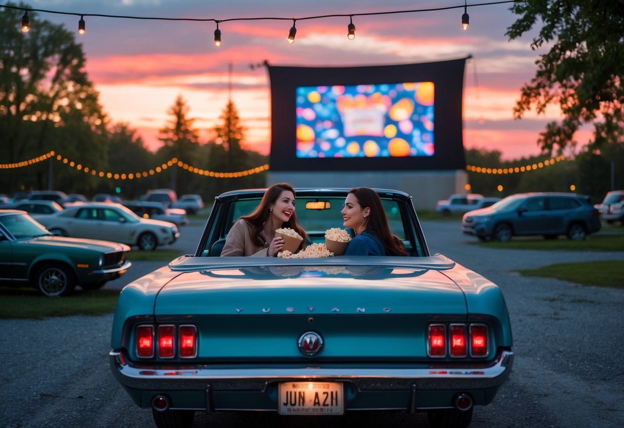 A young couple sitting in a classic car at a drive-in movie theater during sunset, surrounded by other parked cars and trees.