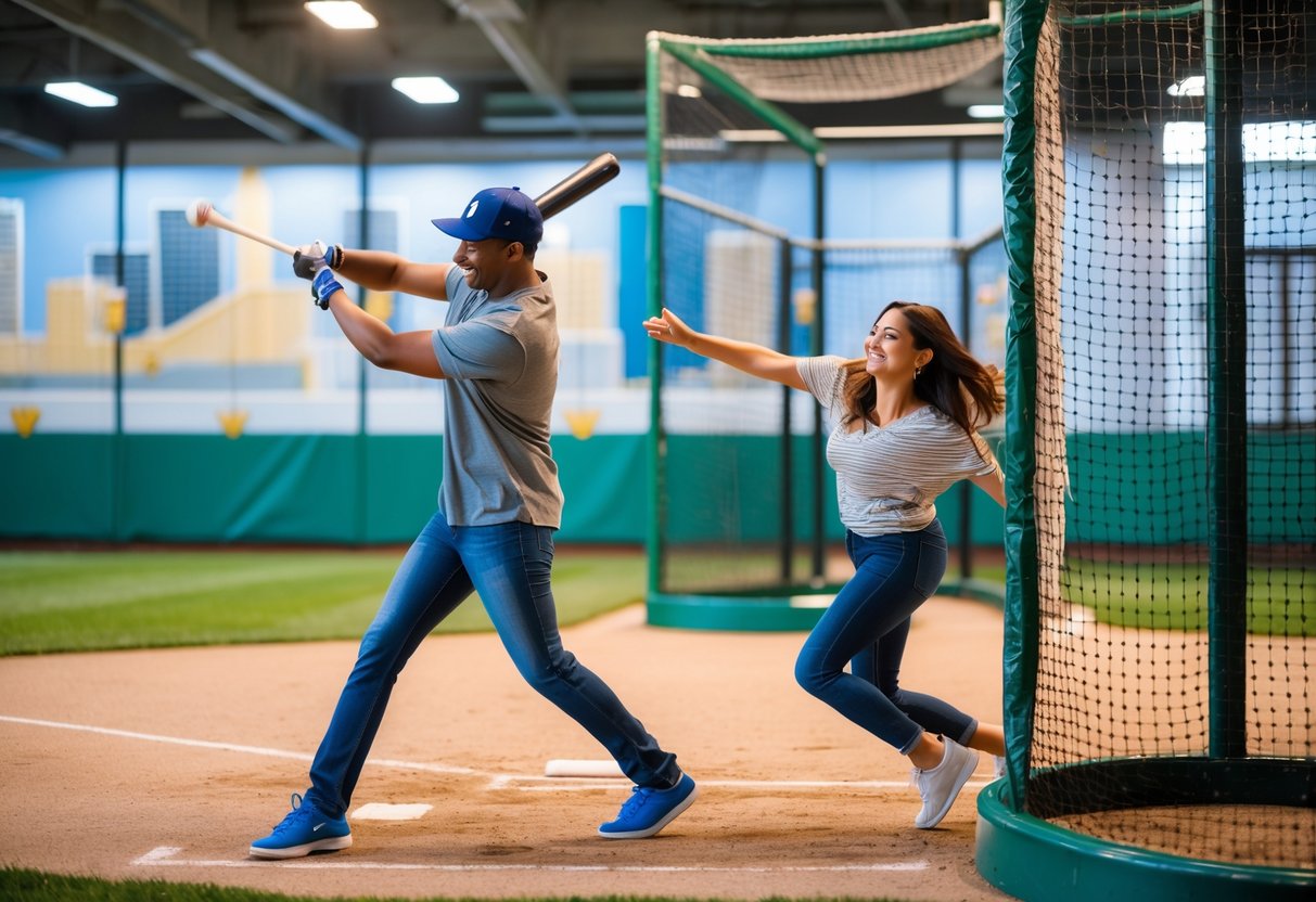 A young couple enjoying batting practice together inside an indoor batting cage facility.