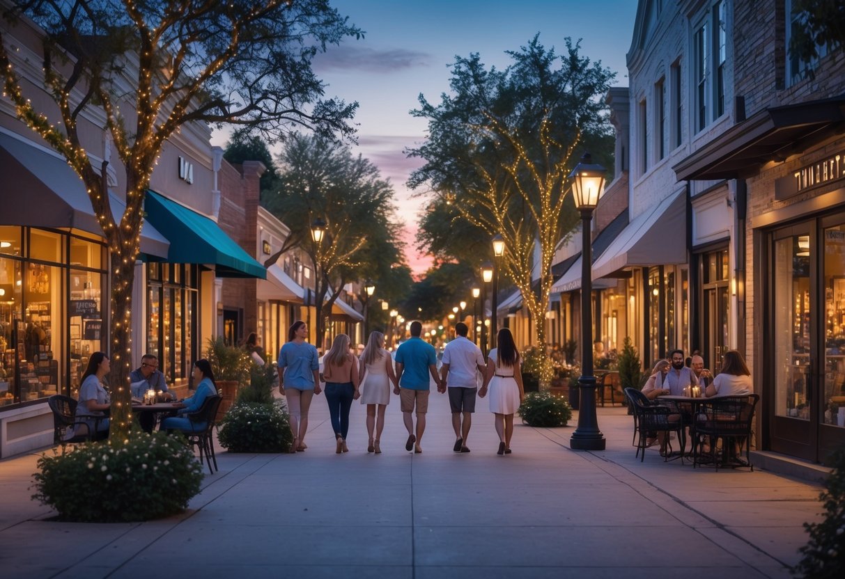 Couples and people walking along a lively downtown street with shops and outdoor seating at twilight.