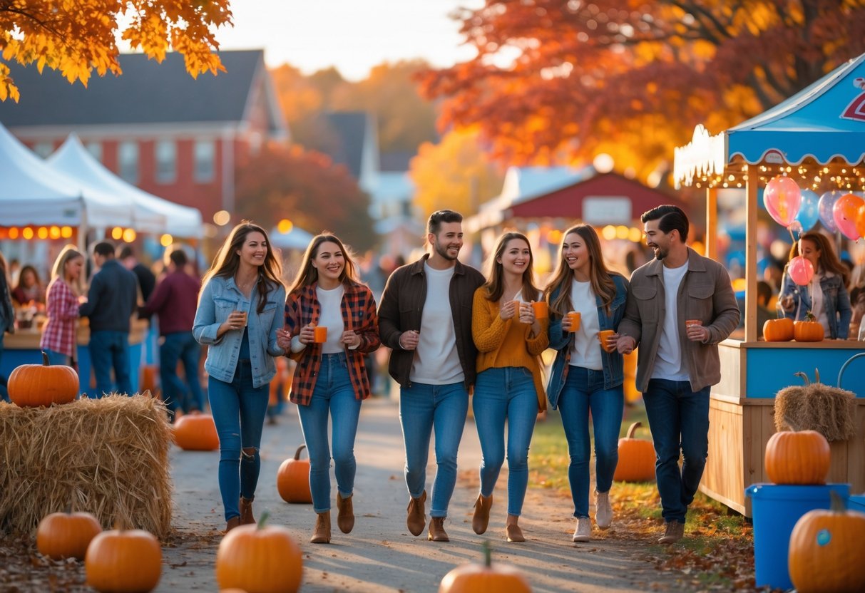 Couples and families enjoying a fall fair outdoors with autumn trees, festive booths, and fair rides in the background.