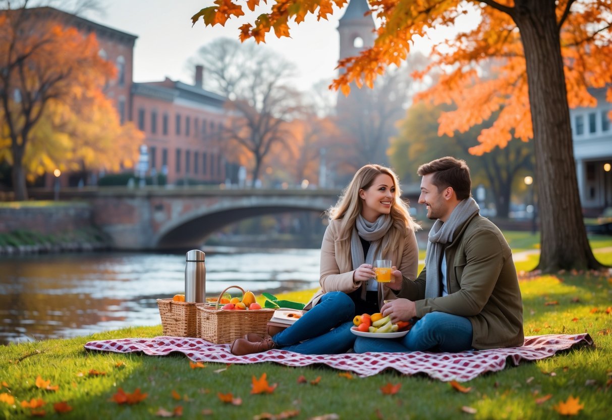 A young couple having a picnic near a river with autumn trees and historic buildings in Lowell, Massachusetts.