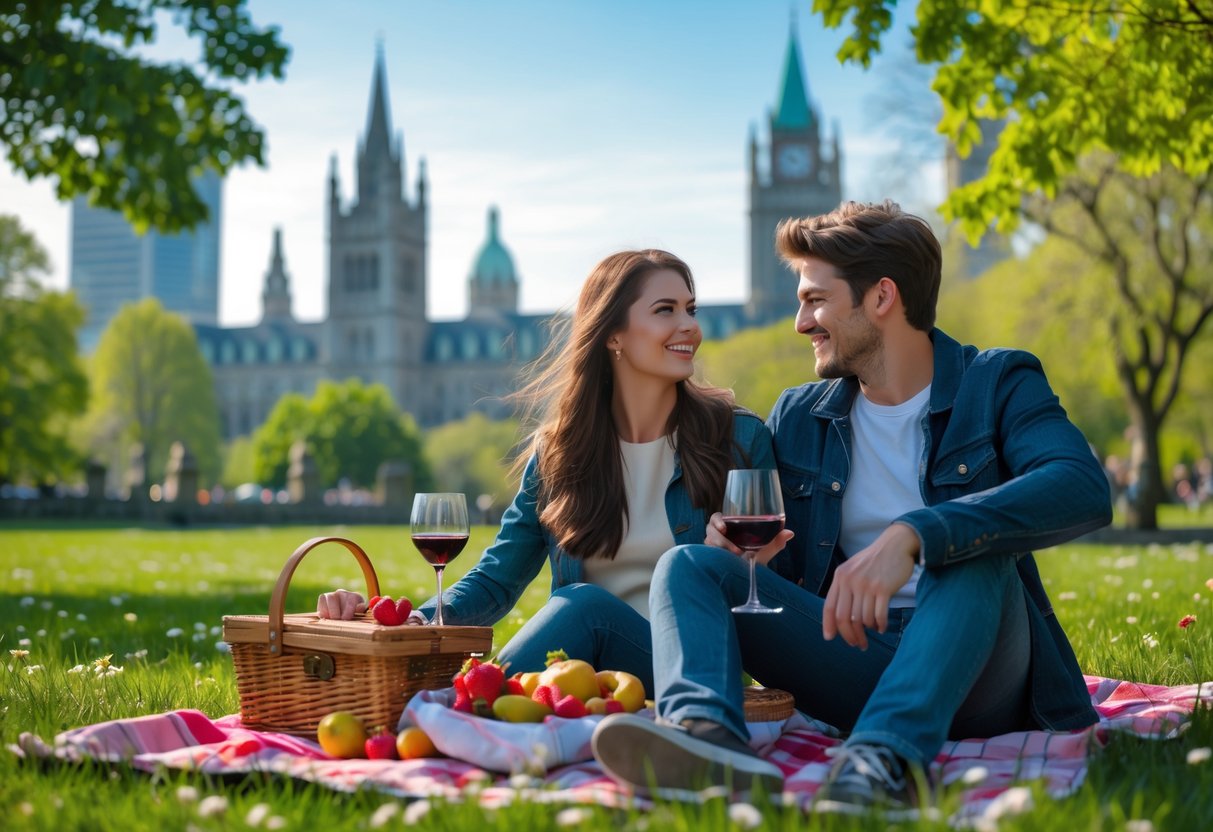 A young couple enjoying a picnic together in a green park with city landmarks in the background on a sunny day.