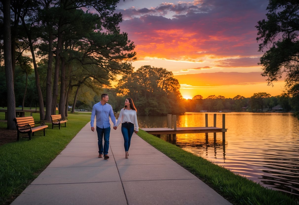 A couple walking hand-in-hand along a lakeside path at sunset surrounded by trees and calm water.