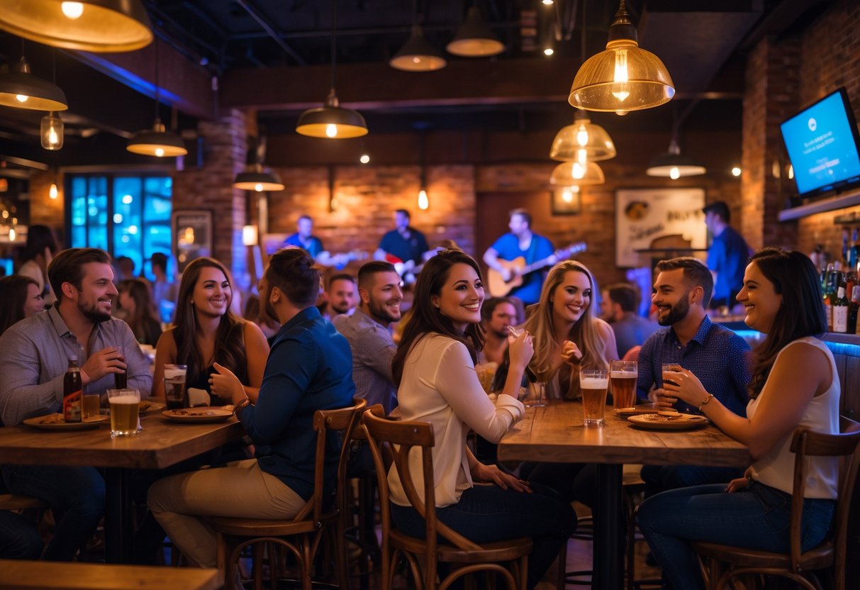 Couples and friends enjoying live music at a cozy local bar with a band performing on stage and warm lighting.