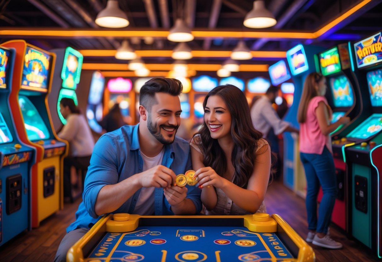 A couple playing arcade games together at a colorful boardwalk arcade during a date night.