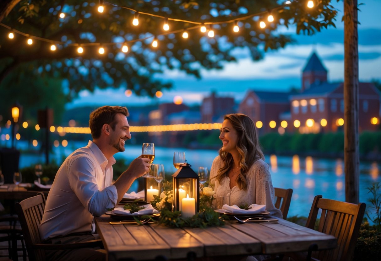 A couple enjoying a candlelit outdoor dinner at twilight with the Lynchburg skyline and river in the background.