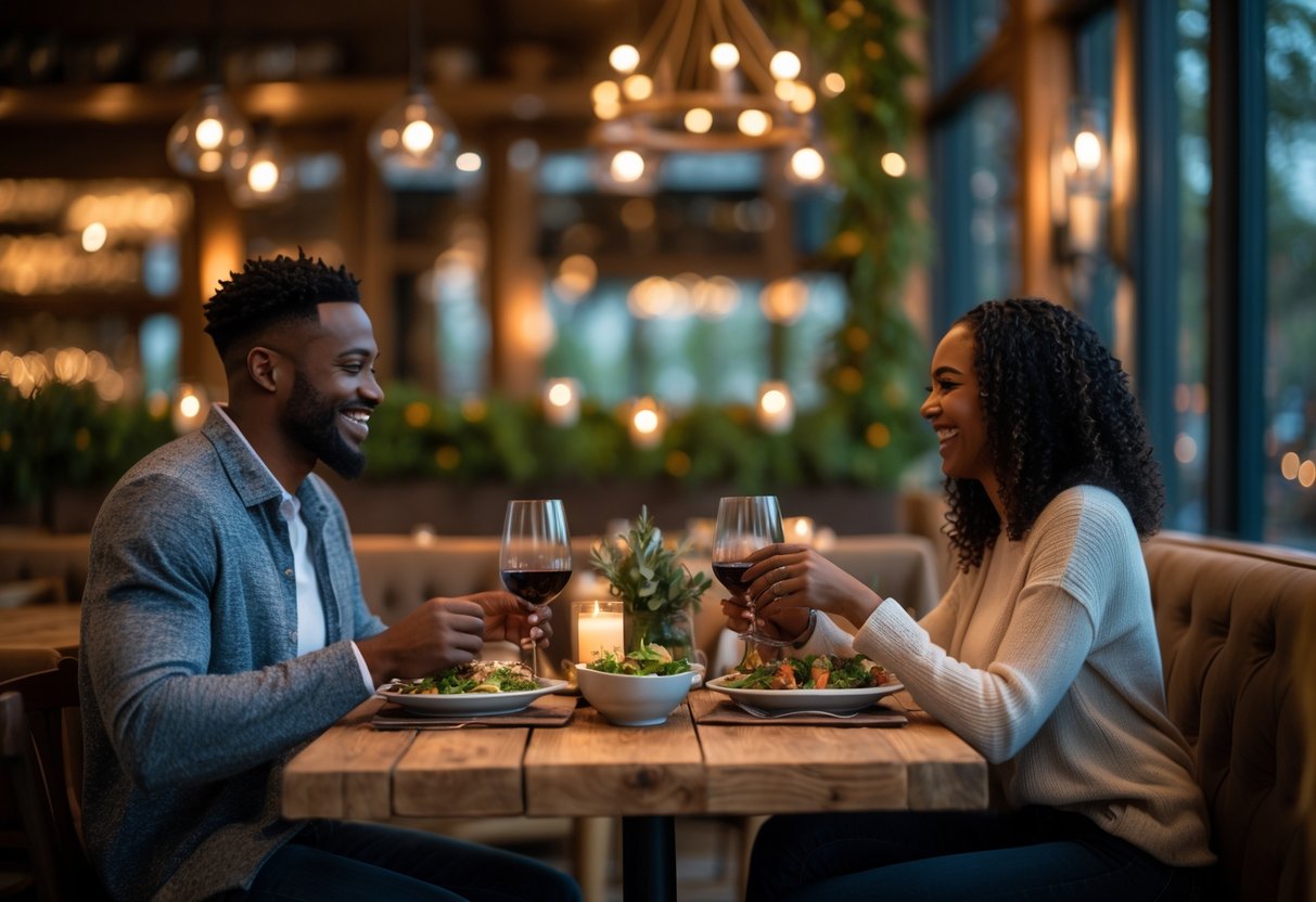 A couple enjoying a romantic dinner together at a warmly lit restaurant with wooden tables and seasonal decor.