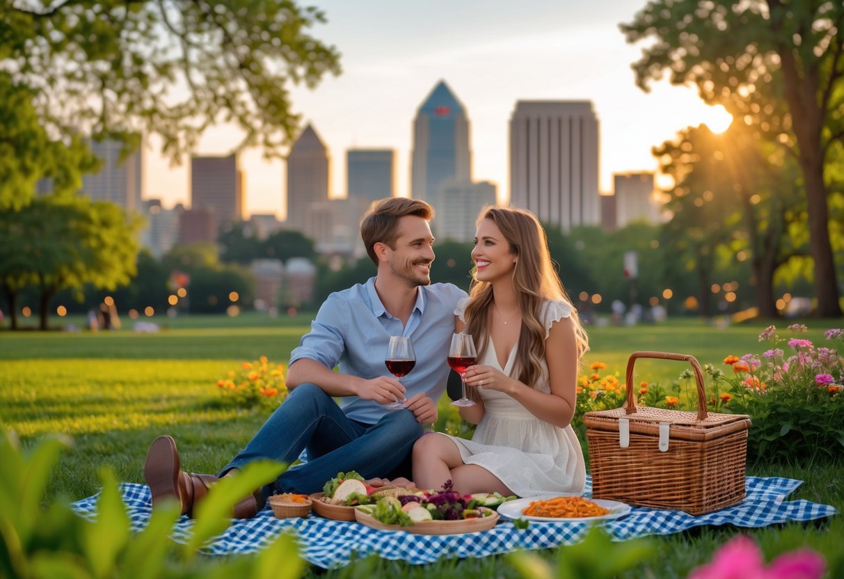 A young couple having a picnic outdoors in a park with the Louisville skyline visible in the background during sunset.