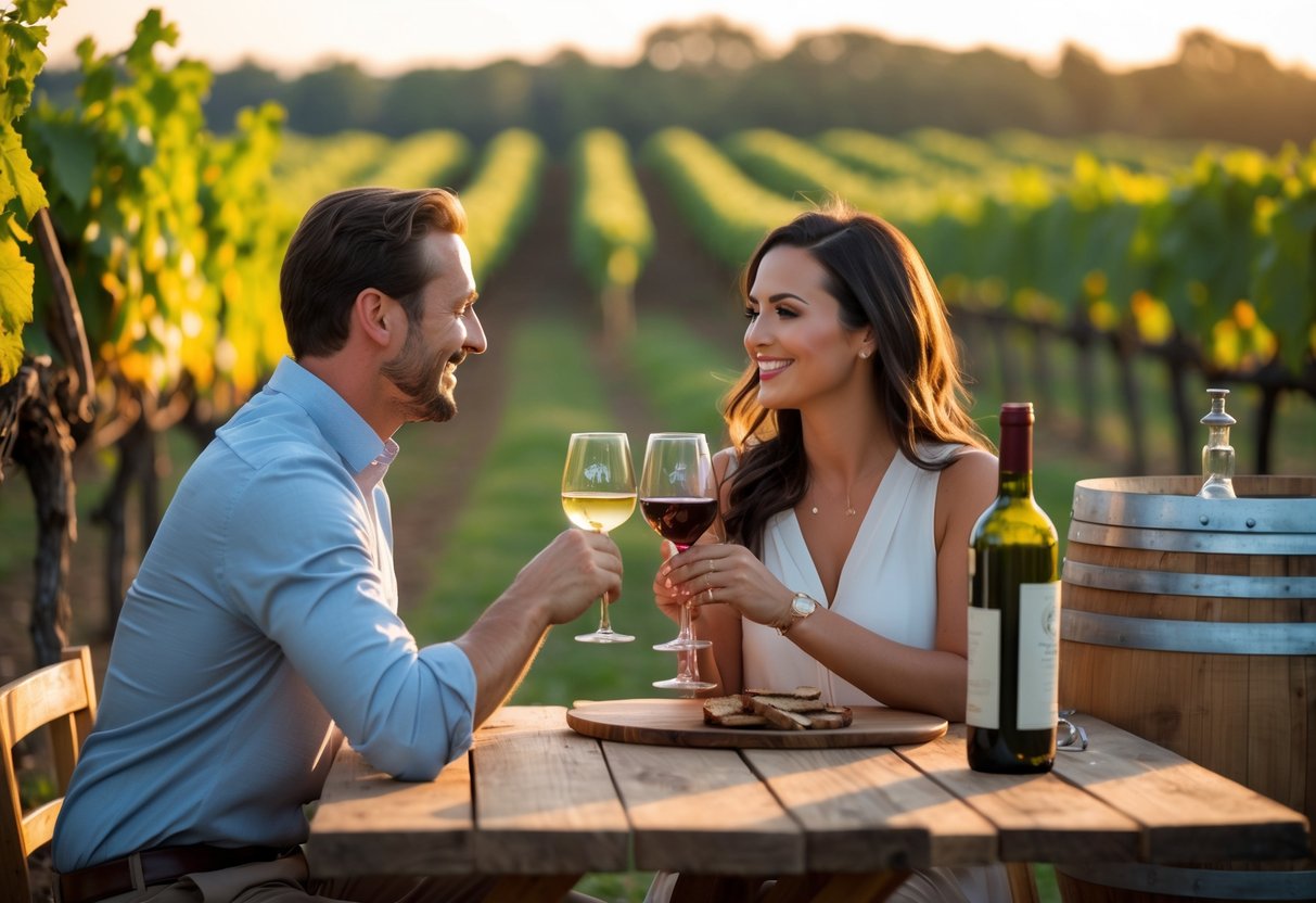 A couple enjoying wine tasting together outdoors at a vineyard during sunset.