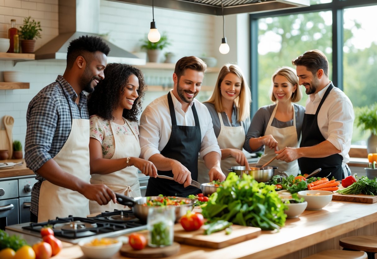 Couples cooking together in a bright kitchen studio during a cooking class.