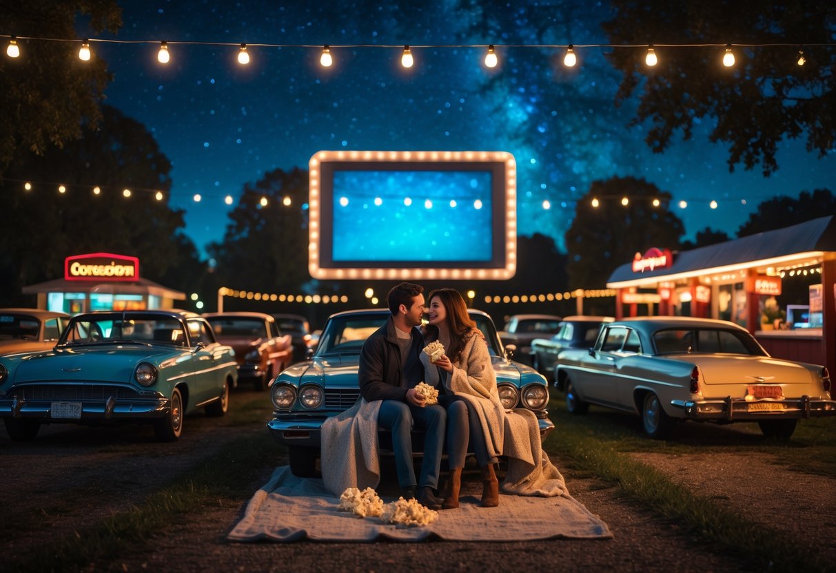 A young couple sitting on a car hood at a drive-in theater at night, watching a movie on a large outdoor screen surrounded by trees and lights.