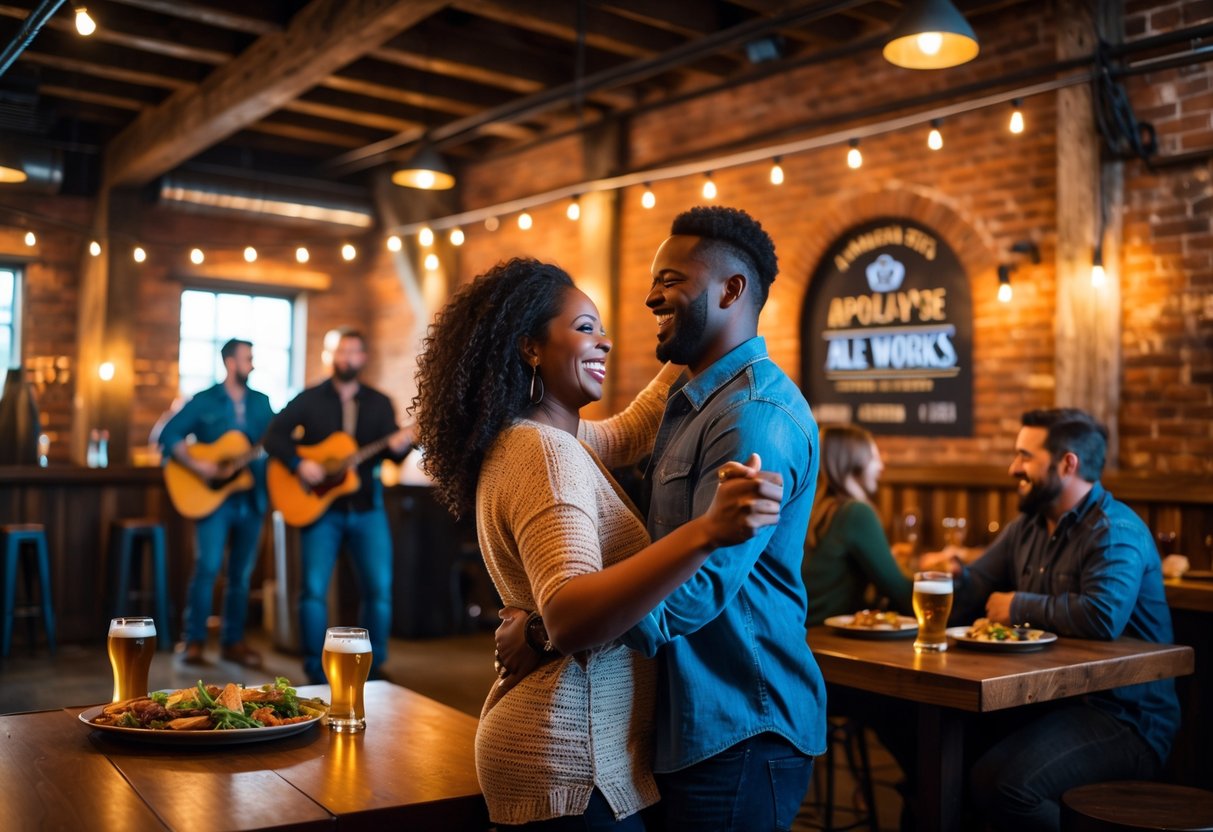 A couple dancing and enjoying live music inside a warmly lit brewery taproom with other people seated nearby.