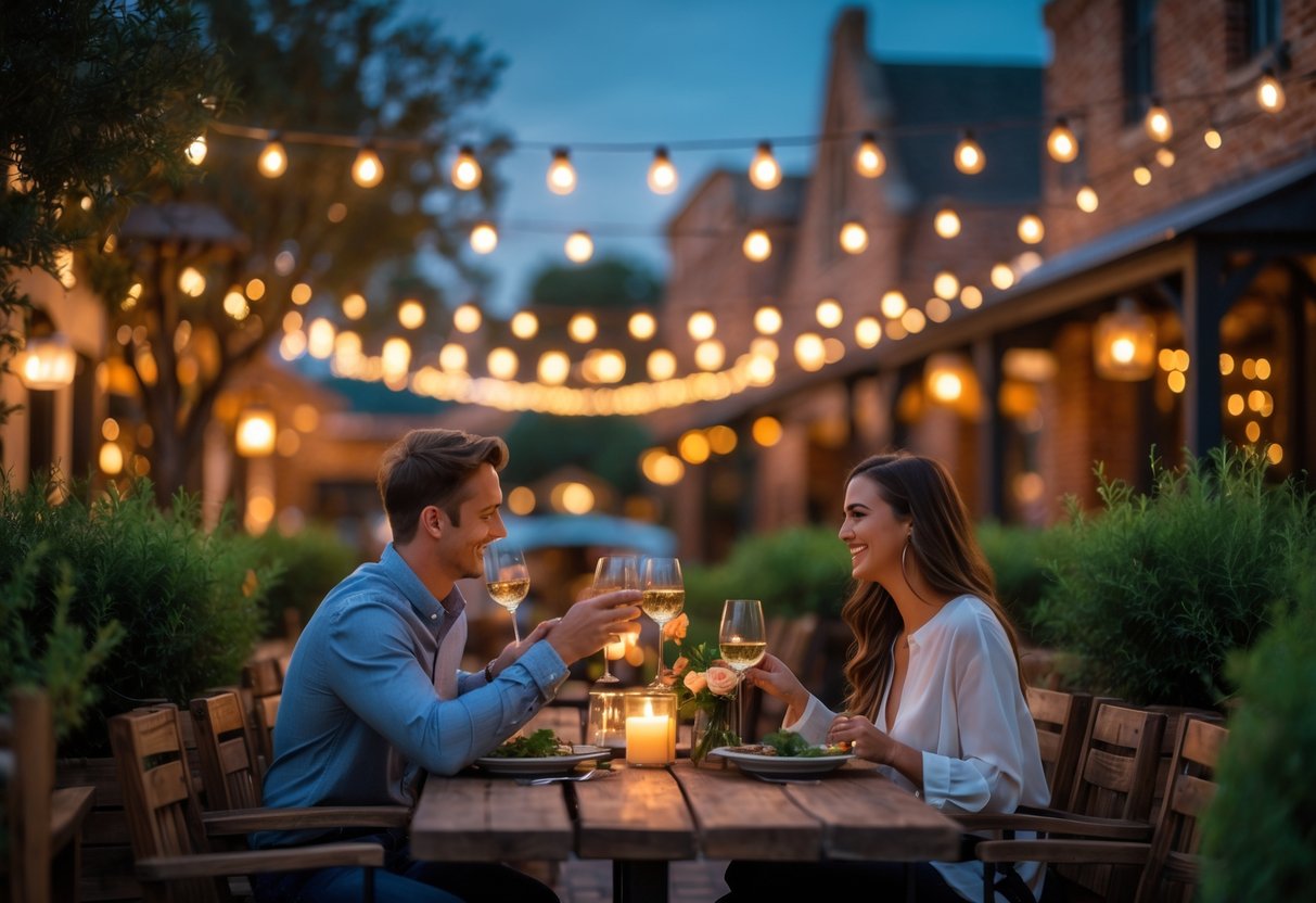 A young couple enjoying a romantic dinner outdoors at a warmly lit restaurant patio in a charming town setting during twilight.