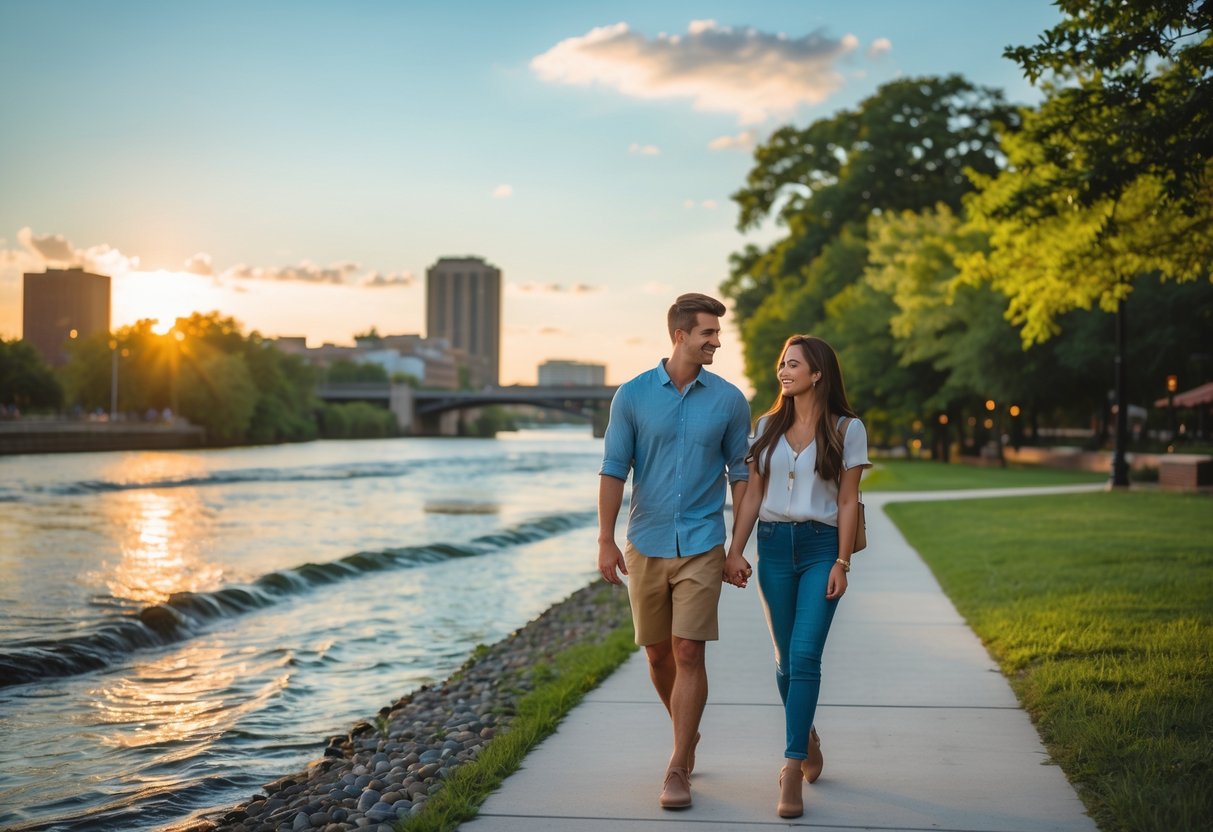 A young couple walking hand in hand along a paved path by a river with trees and city buildings in the background.