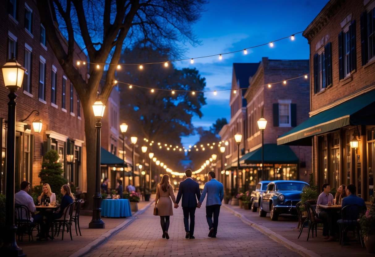 Couples enjoying a romantic evening in Lynchburg's historic downtown with brick buildings, street lamps, and outdoor dining.
