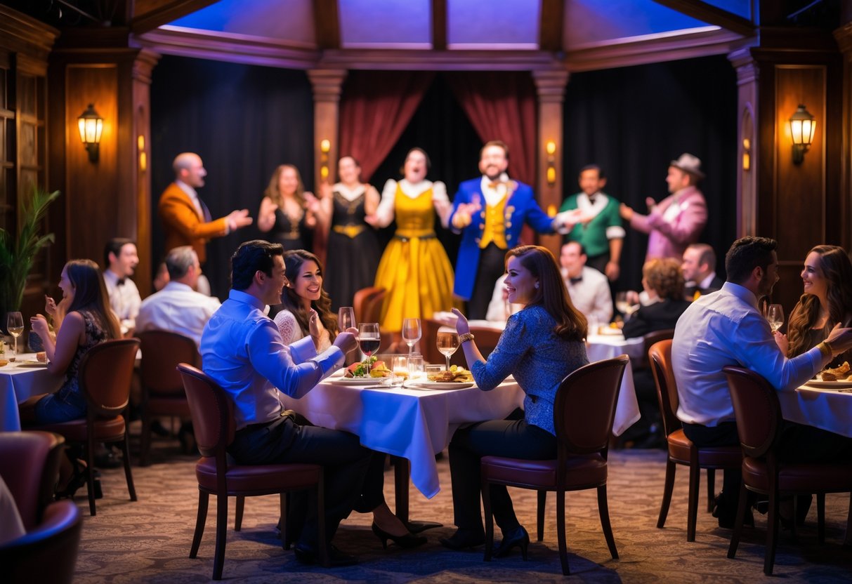 Couples enjoying dinner while watching actors perform on stage in a cozy theater restaurant.